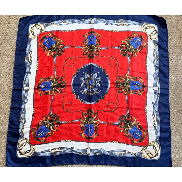 1970s Baroque Horse Bit & Crest Print Satin Scarf - Picture 3 of 7